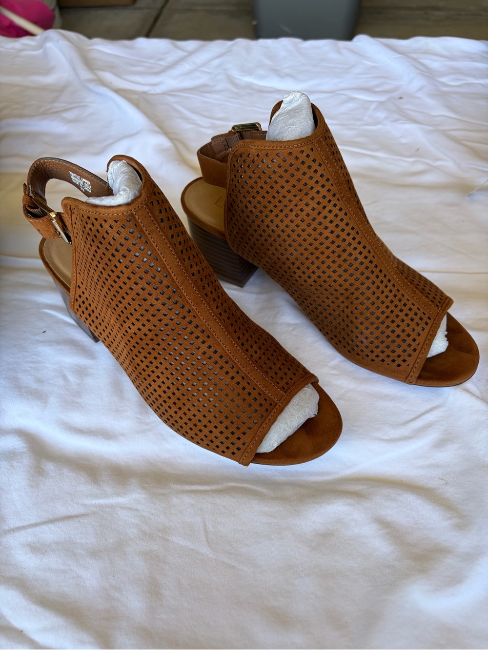 LOFT Perforated Open-Toe Slingback Mules in Cognac